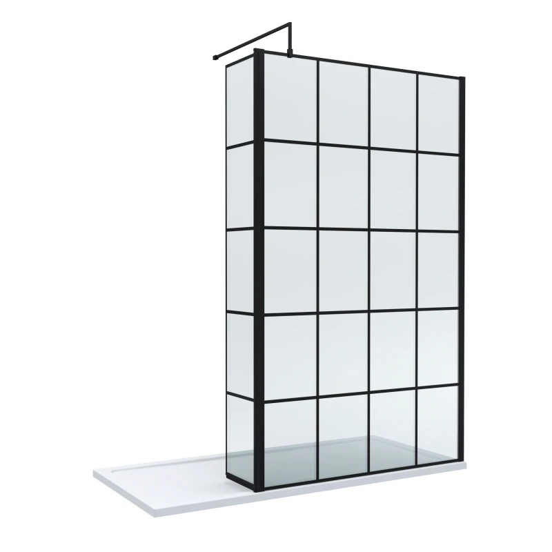 Image of Balterley 8mm Glass Wetroom Screen and Return Black Framed and Tray 1700 x 900mm Black