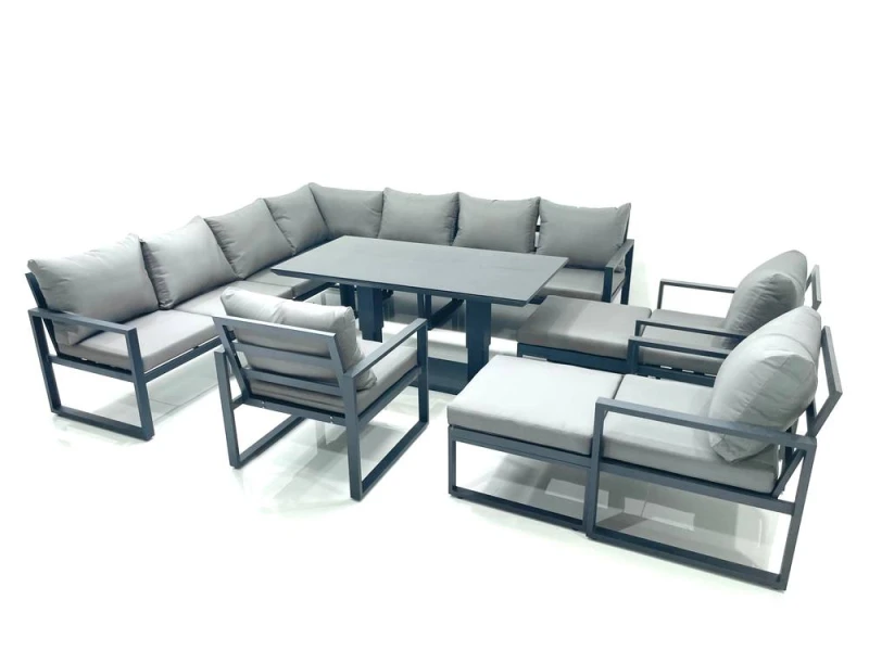 Image of Fimous 12 Seater Outdoor Aluminum Garden Furniture Set Corner Sofa 3 Chair 2 Big Footstools Adjustable Rising Lifting Dining Table Sets Dark Grey Dark