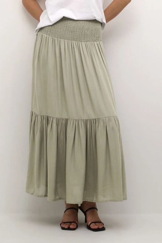 Image of Kaffe Womens Maxi Smock Waist A-Line Fit Skirt in Light Khaki Size: XL/2XL Light Khaki Female XL/2XL