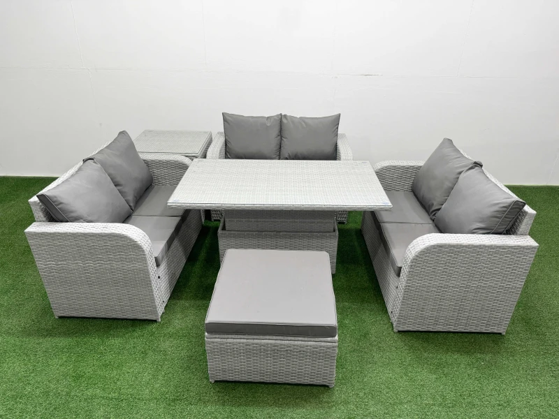 Image of Fimous 7 Seater PE Wicker Rattan Furniture Sofa Sets with Adjustable Lifting Dining or Coffee Table 2 Seater Love Sofa Big Footstool Side Table Light