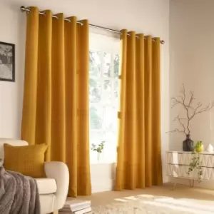 Image of Furn. Ellis Windowpane Check Ringtop Eyelet Curtains (Pair) Polyester Ochre (117X137Cm)