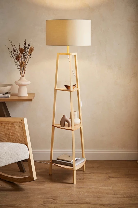 Image of ValueLights Hiru Natural 3 Tier Wooden Shelf Floor Lamp With Large Natural Shade Silver