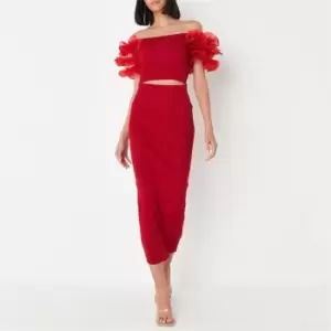 Missguided Tall Organza Puff Sleeve Knit Top And Midi Skirt Co Ord Set - Red