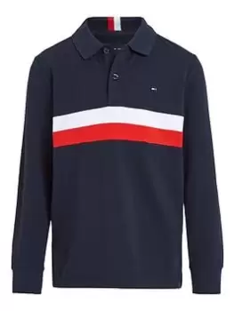 Image of Tommy Hilfiger Boys Corporate Colorblock Long Sleeve Polo - Red White Blue Colorblock, Multi, Size 10 Years