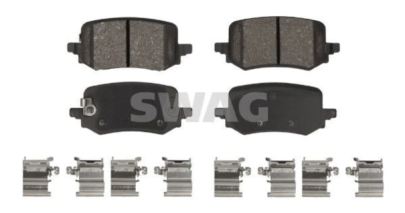 Image of SWAG 33 11 0389 Brake pad set Rear Axle, with acoustic wear warning, with anti-squeak plate Brake Pad Set,disc brake (402)