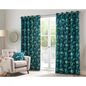 Image of Dacey Contemporary Floral Print 100% Cotton Eyelet Lined Curtains, Teal, 46 x 54" - Fusion