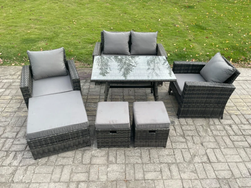 Image of Fimous Rattan Wicker Garden Furniture Patio Conservatory Sofa Set with Rectangular Dining Table Armchair 2 Seater Sofa in Dark Grey Dark Grey Unisex