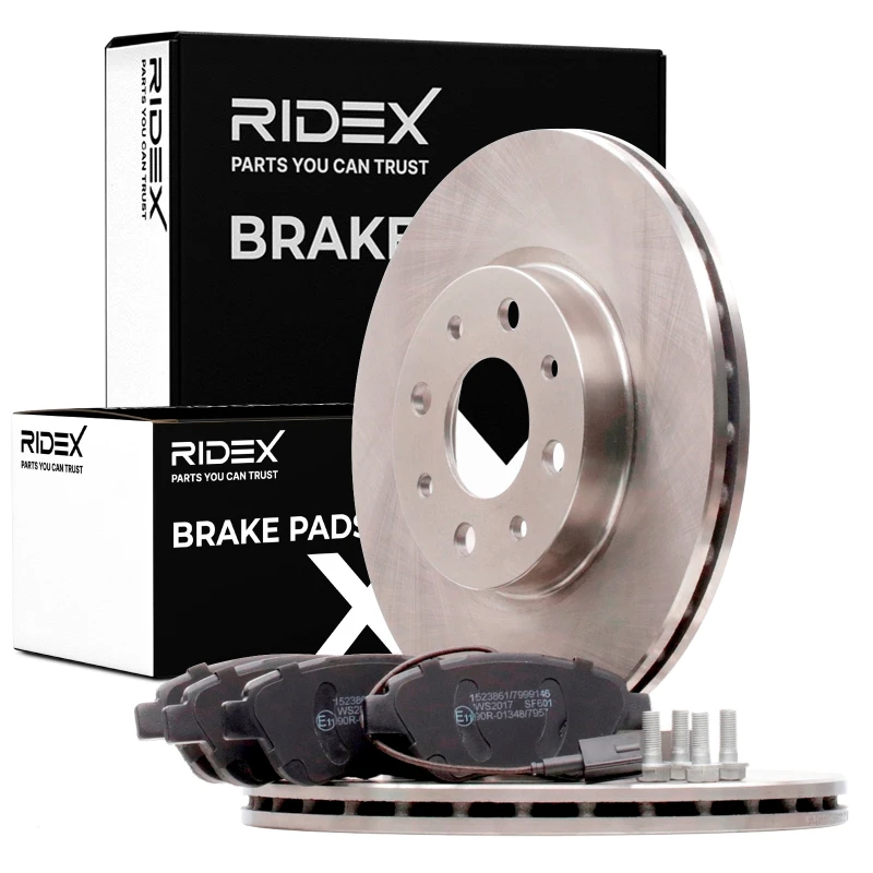 Image of RIDEX 3405B1626 Brake disc and pads set Front Axle, Brake Disc Type: Vented, incl. wear warning contact Brake Set,disc brakes (3405)