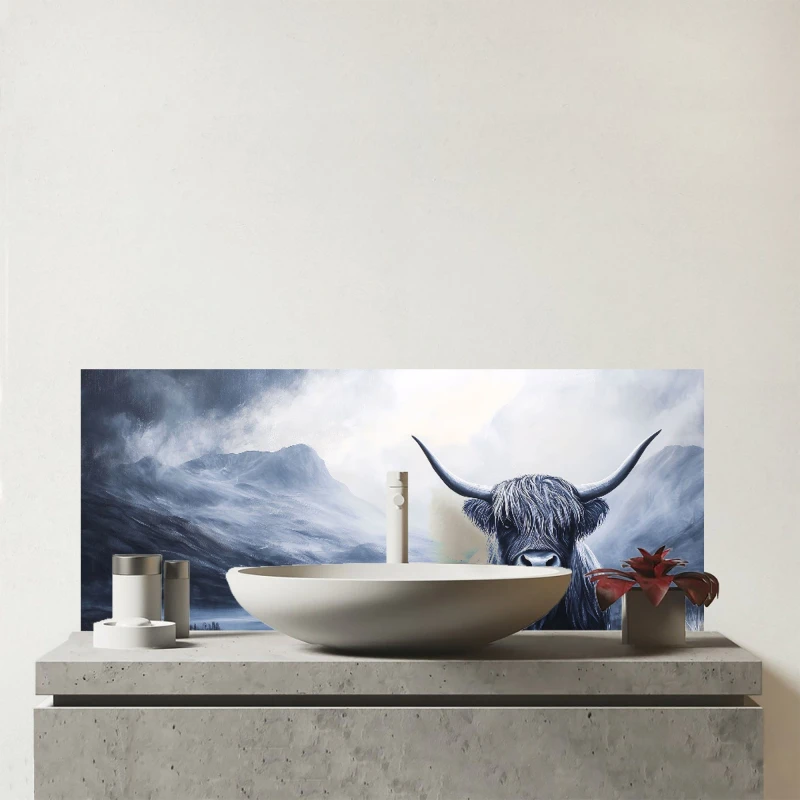 Image of Warren Reed - Designer Highland Cow On A Dark Night Glass Bathroom Splashback in Black Unisex