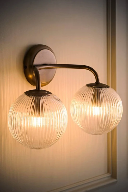 Image of ValueLights Kempton Ribbed Glass Globe Shade 2 Arm Wall Light with Bulbs in Gold Gold Unisex