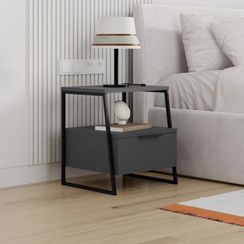 Image of FWStyle FWStyle 1 Drawer Bedside Chest Table Anthracite Grey Open Shelf Grey One Size Unisex 8683628018279