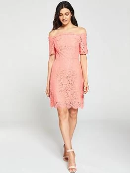 image of Oasis Lace Bardot Shift Dress - Coral , Coral, Size 10, Women