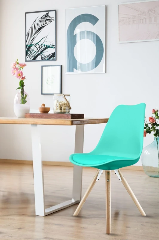 Image of Fusion Living Soho Plastic Dining Chair with Pyramid Light Wood Legs Aqua