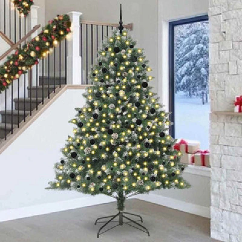Image of vidaXL Artificial Christmas Tree with Stand, Black Balls Green 160 x 160 x 240 cm, Green 3395258