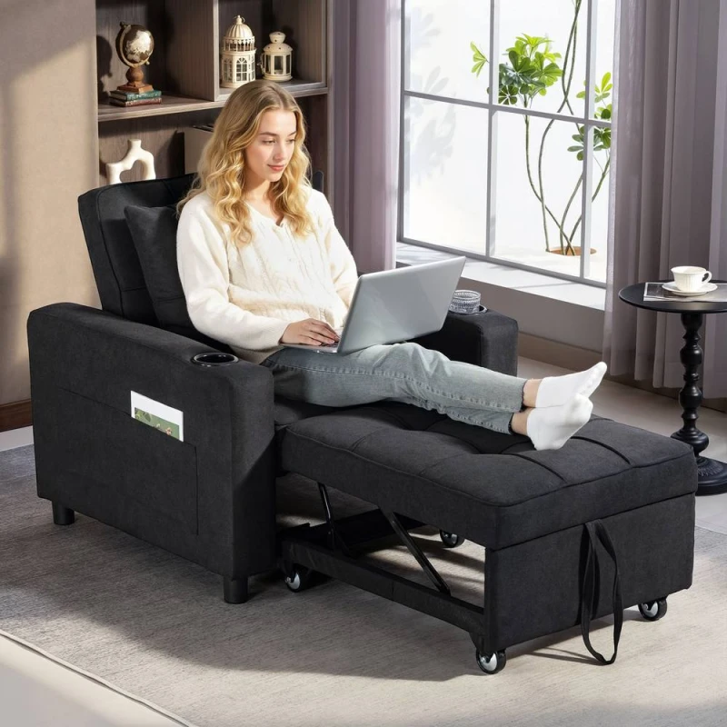 Image of HOMCOM 3-in-1 Sofa Bed, Convertible Sleeper Chair with Adjustable Backrest in Black Size: 1 Seater Black Unisex 1 Seater