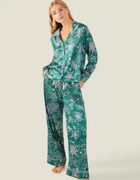 Image of Accessorize Womens Star Print Satin Pyjama Set Teal, Size: XS