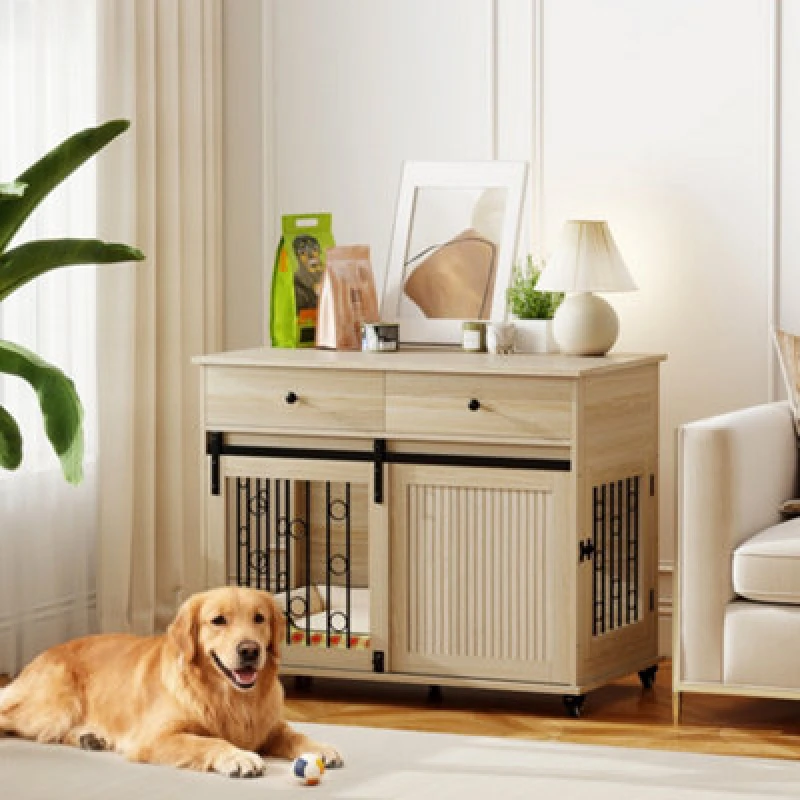 Image of Pawhut Dog Crate Furniture, Dog Cage W/ Wheels, 2 Drawers, Sliding Door, Oak, Yellow D02-248V00AK
