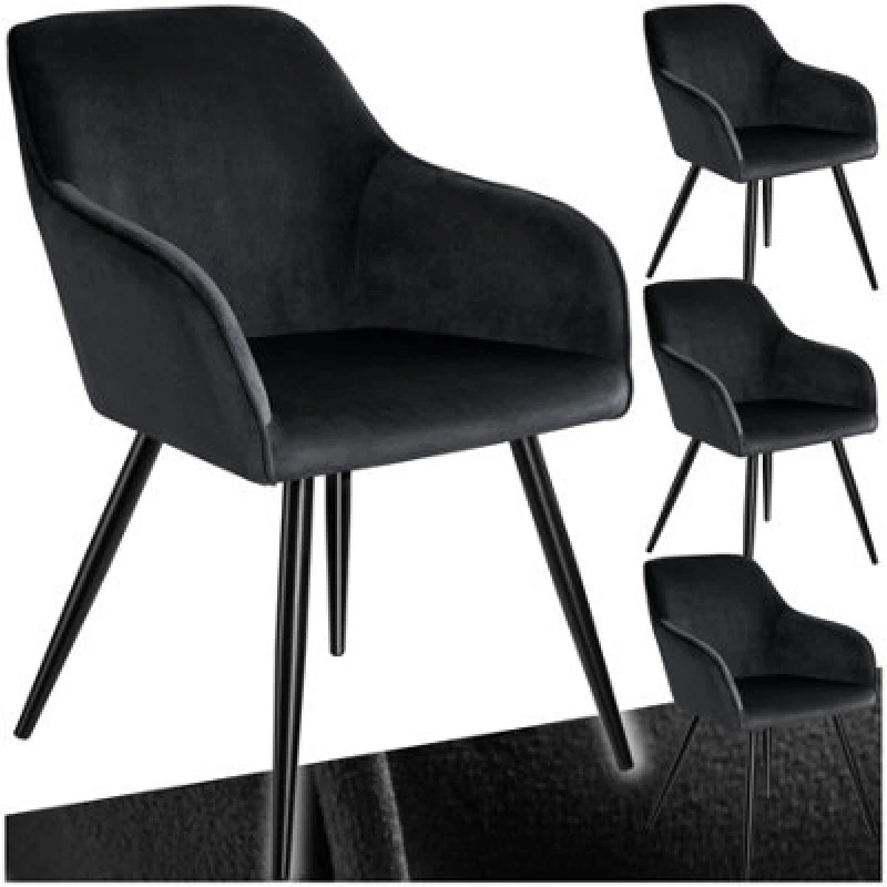 Image of Tectake Set Of 4 Dining Chair Marilyn - With Armrests, Padded, Velvet Look, Black Steel Legs - Black
