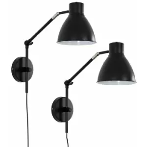 image of Minisun - 2 x Black Stem Wall Light Fittings + Adjustable Shade, Plug, Cable & Switch - No Bulbs