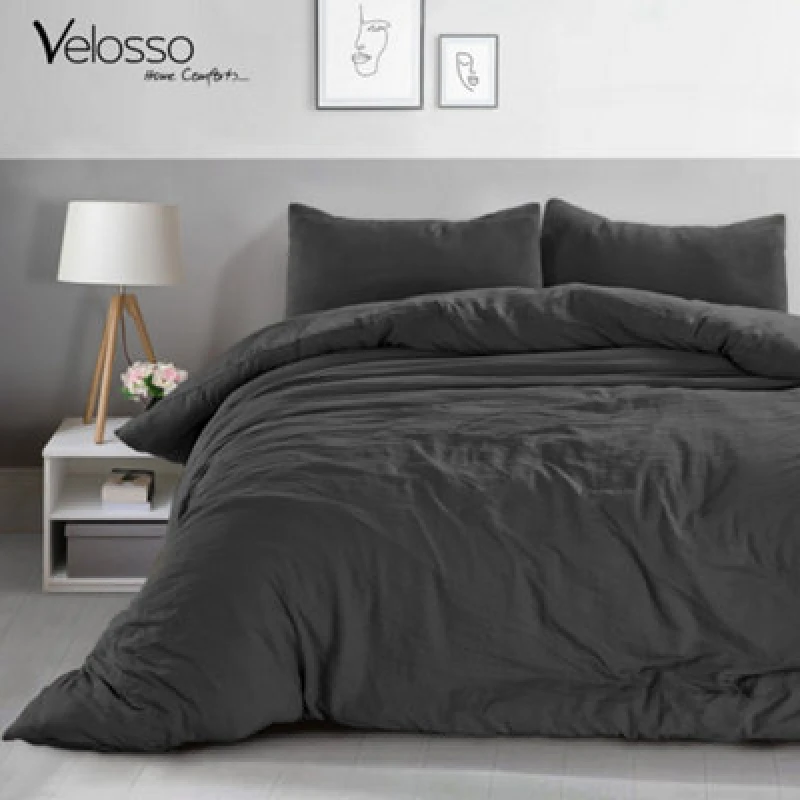 Image of Velosso Charcoal Washed Linen Look Duvet Cover And Pillowcase Set Single