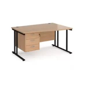 Image of Office Desk Right Hand Wave Desk 1400mm With Pedestal Beech Top With Black Frame Maestro 25 MC14WRP3KB