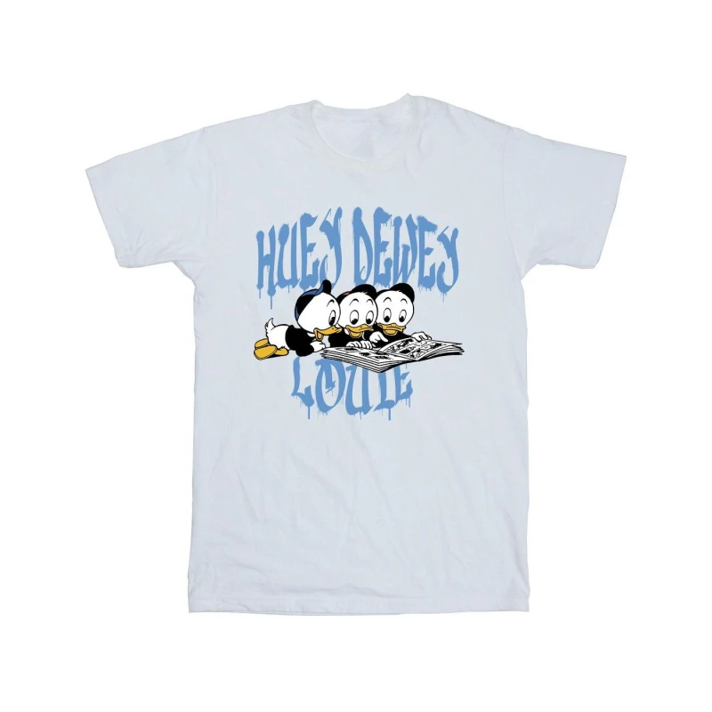 Image of Disney Men Huey Dewey Louie Reading Cotton T-Shirt in White Size: Small White S Male 5063376474948