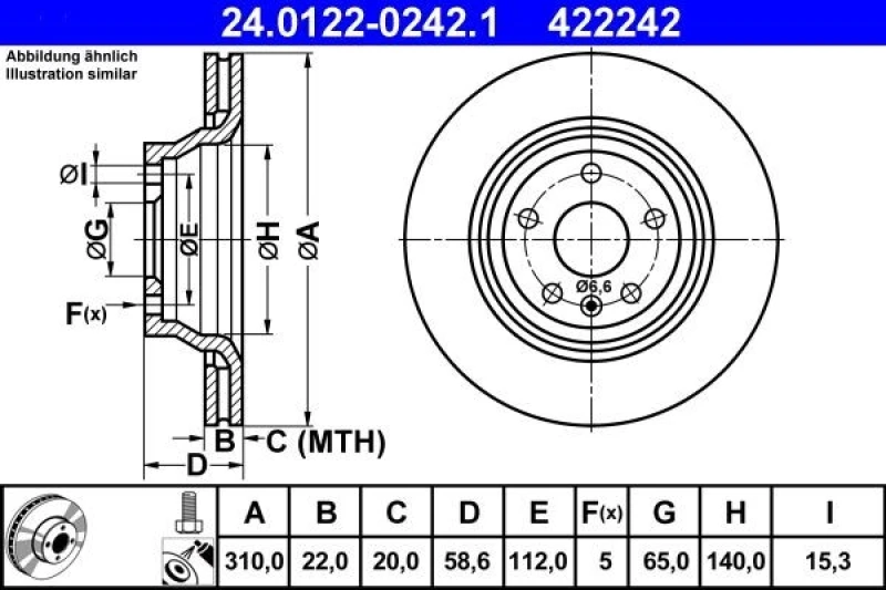 Image of ATE 24.0122-0242.1 Brake disc Vented, Coated, High-carbon, with bolts/screws Brake Disc (82)