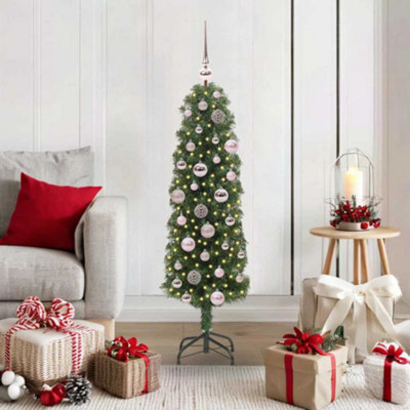 Image of vidaXL Artificial Christmas Tree with 150 LEDs, Pink Balls with Stand Green 120 x 38 cm, Green 3394923