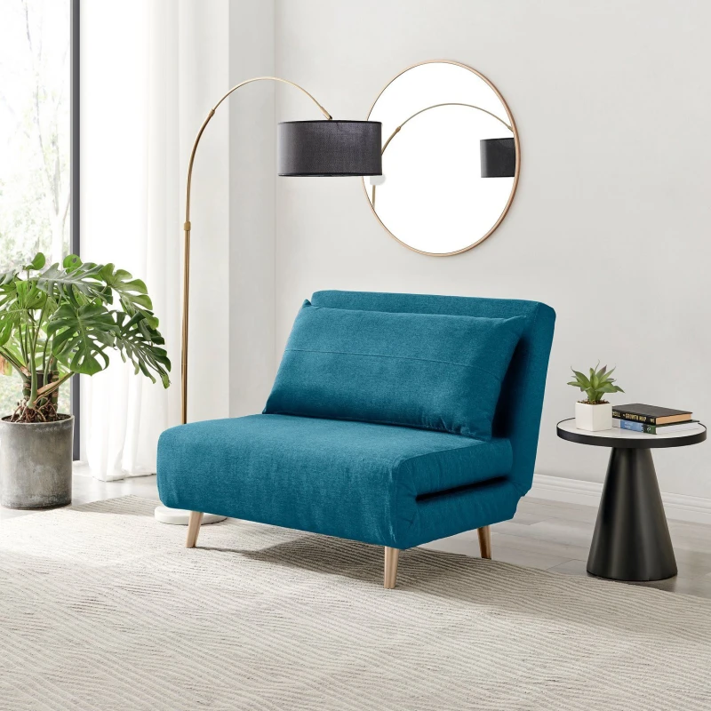 Image of FurnitureboxUK FurnitureboxUK Bobby Compact Futon Inspired Sofa Bed Upholstered In Soft Fabric in Blue Size: Medium Blue Medium Unisex 5056542697494