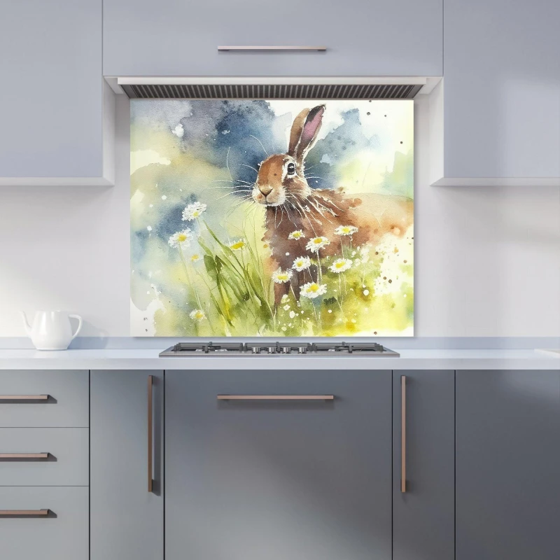 Image of Warren Reed - Designer Hare & Daisies Watercolour Kitchen Splashback in Brown Size: 600mm x 750mm Brown Unisex 600mm x 750mm