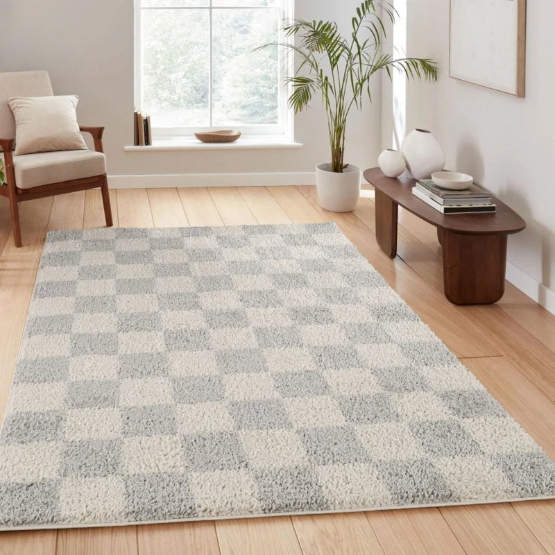 Image of Chester Living Room Shaggy Area Rug Modern - Contemporary Checkered Design - Hallway Runner Indoor Rug Grey 60X220 Cm