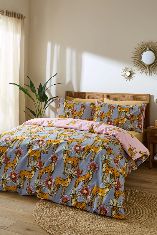 Image of Their Nibs 'Untamed Cheetah' Cotton Reversible Duvet Cover Set in Grey Size: King Grey Unisex King
