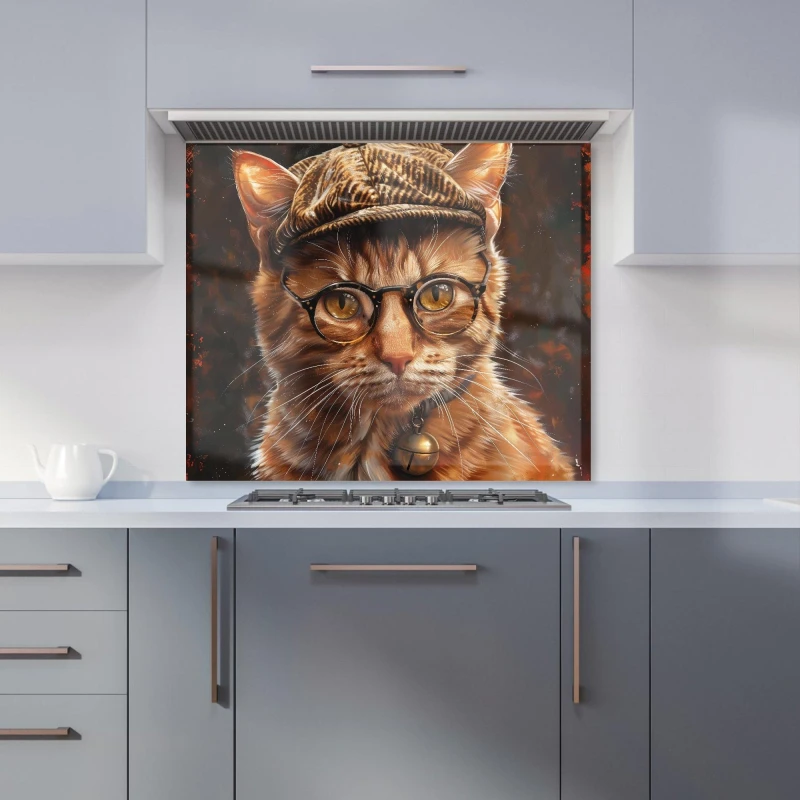 Image of Warren Reed - Designer Dapper Ginger Cat with Cap Kitchen Splashback Size: 600mm x 750mm Multicolor Unisex 600mm x 750mm