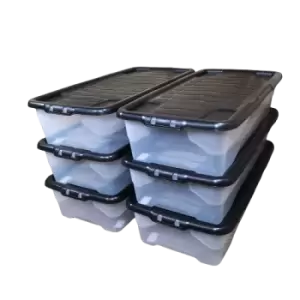 image of 6 x 42L Clear Under Bed Storage Box with Black Lid, Stackable and Nestable Design Storage Solution