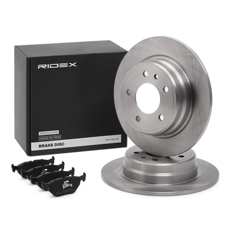 Image of RIDEX 3405B0222 Brake disc and pads set Rear Axle, Brake Disc Type: Solid, excl. wear warning contact Brake Set,disc brakes (3405)