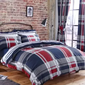 image of Charlotte Thomas - Carson Check Printed Polycotton Reversible Duvet Cover Set, Blue/Red, Super King