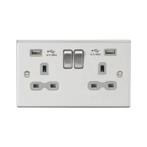 Image of Knightsbridge - 13A 2G Switched Socket Dual usb Charger (2.4A) with Grey Insert - Square Edge Brushed Chrome