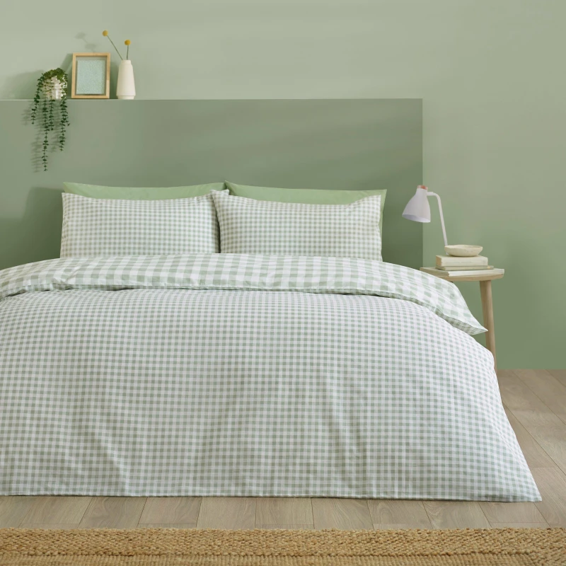 Image of Catherine Lansfield Bamford Gingham Check Duvet Cover Bedding Set Green