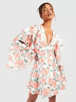 Image of Boohoo Floral Chiffon Frill Sleeve Skater Dress - Coral, Orange, Size 10, Women