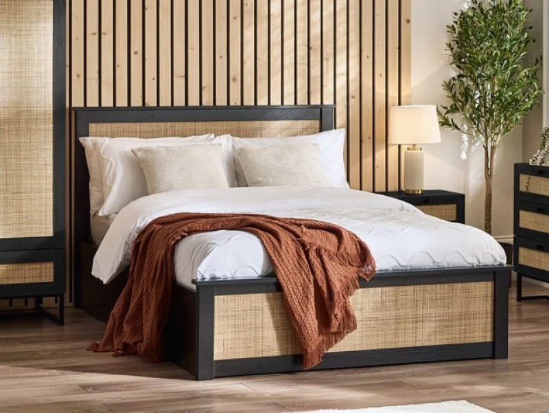 Image of Julian Bowen Padstow 5ft King Size Rattan and Black Wooden Ottoman Bed Frame