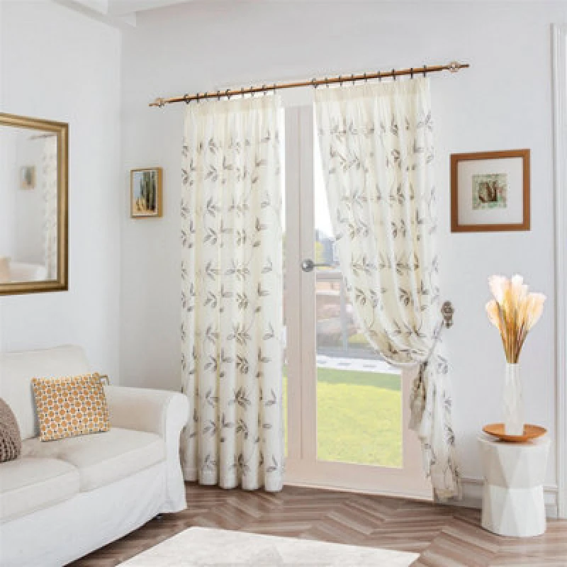 Image of Luxury Living Leaf Embroidered Tulle Voile Curtains Pencil Pleat Silver