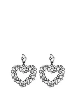 Image of Mood Hematite Crystal Mixed Stone Forward Facing Heart Drop Earrings, Silver, Women