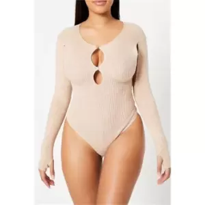 Image of I Saw It First Stone Knitted Cut Out Detail Open Sleeve Bodysuit - Brown