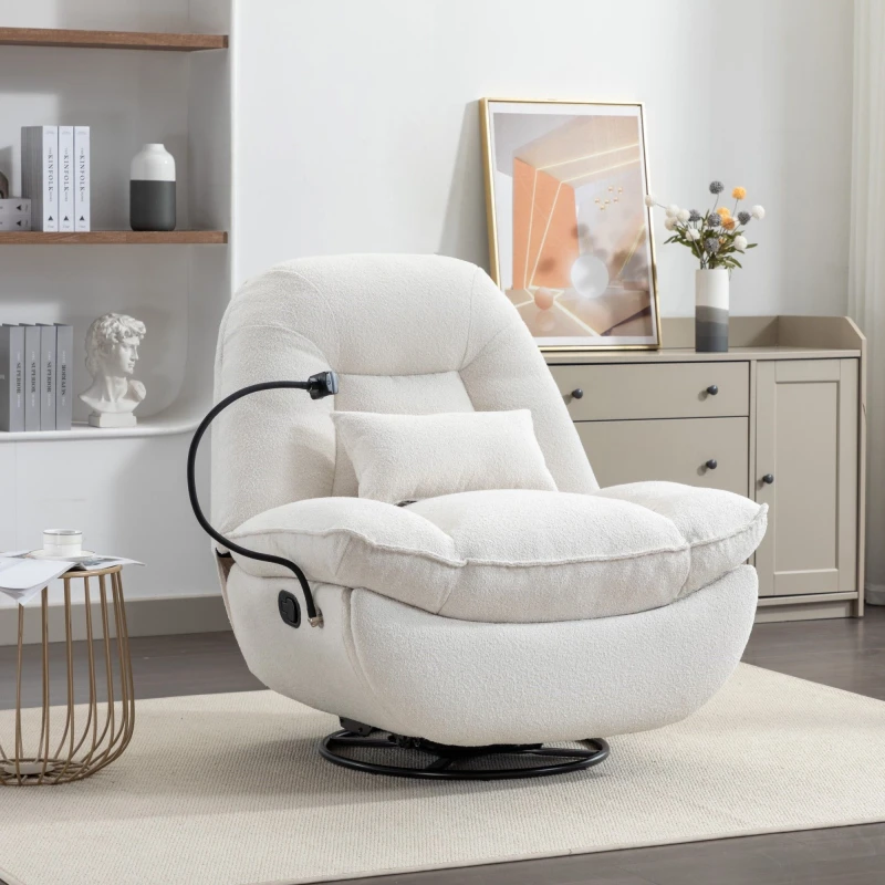 Image of Artemis Home Fallon Boucle Fabric Swivel Based Recliner Chair Phone Holder in Cream Cream Unisex