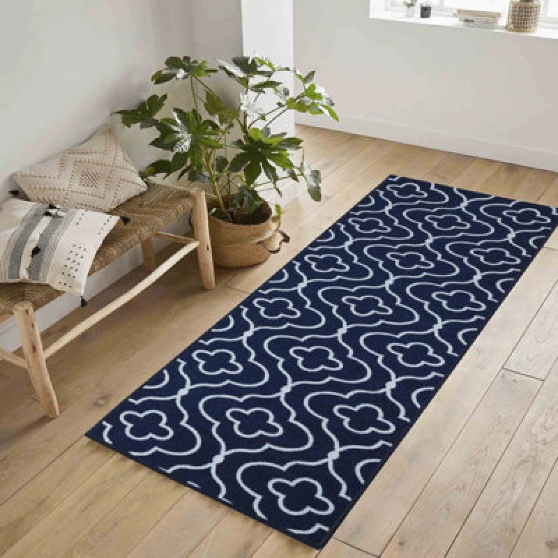 Image of Machine Washable Quatrefoil Design Anti Slip Doormats Navy 67X220 Cm