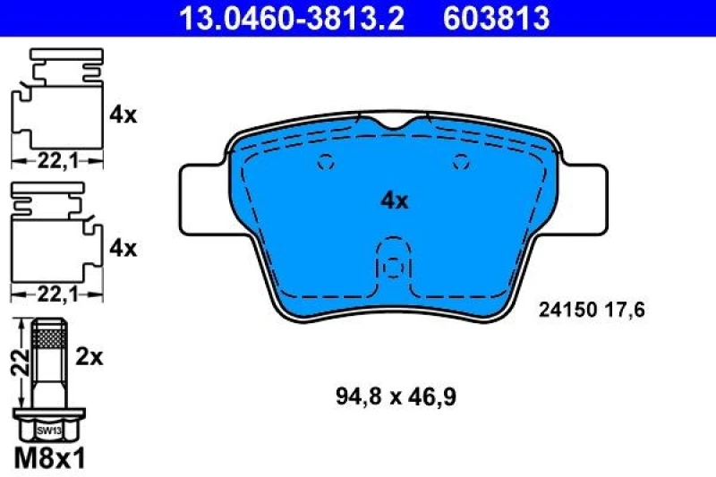 Image of ATE 13.0460-3813.2 Brake pad set excl. wear warning contact, with accessories, with brake caliper screws Brake Pad Set,disc brake (402)