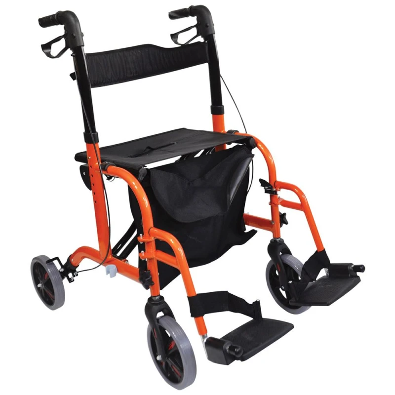 Image of Loops Orange Deluxe Aluminium Rollator and Transit Chair 2-in-1 Dual Function Walker Orange