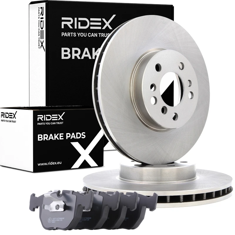 Image of RIDEX 3405B0942 Brake disc and pads set Front Axle, Brake Disc Type: internally vented, excl. wear warning contact, with piston clip Brake Set,disc b