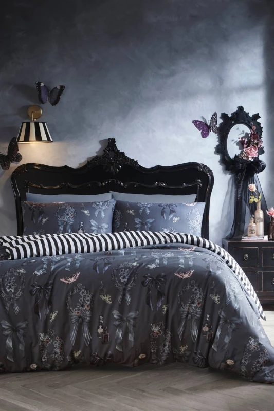 Image of Fusion 'Bows Noir' Halloween Inspired Duvet Cover Set in Grey Size: Single Grey Unisex Single