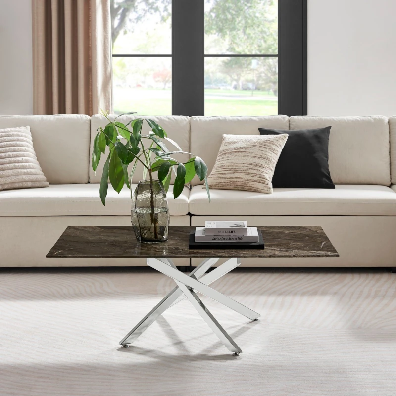 Image of FurnitureboxUK FurnitureboxUK Leonardo Rectangular Marble Effect Glass Top Coffee Table With Silver Metal Starburst Legs in Grey Grey One Size Unisex